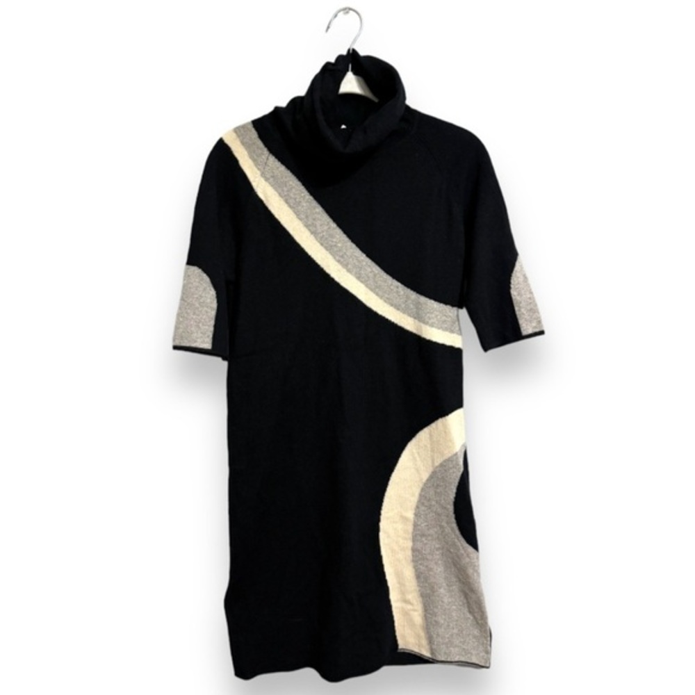 Qi Cashmere Sweater Dress Geometric Graphic Swirl Art Knit Turtleneck Outfit Med